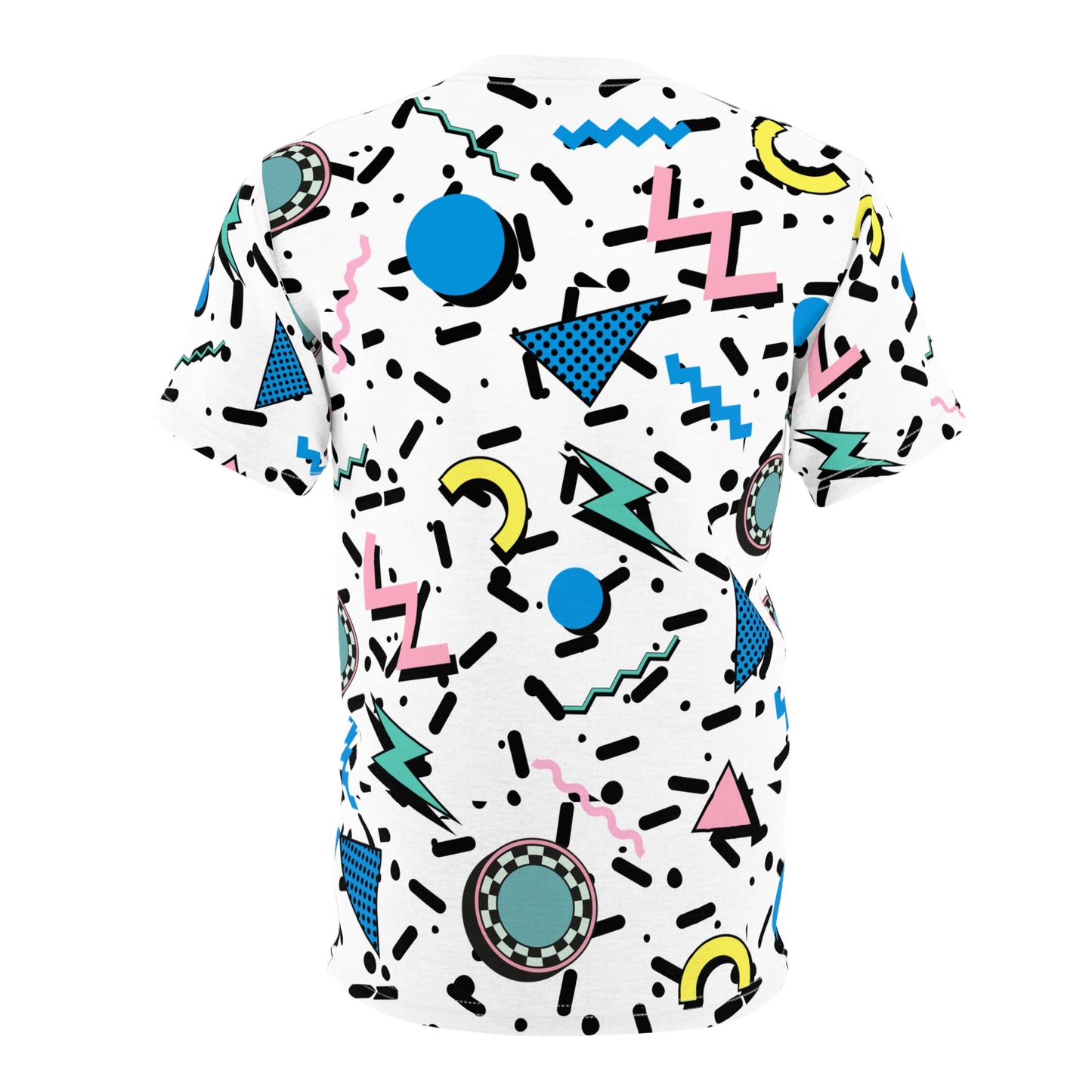 White t-shirt retro geometric pattern back. Brilliantmischief.shop