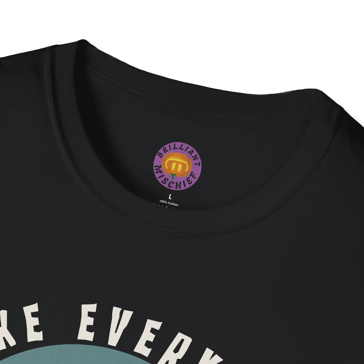 Black t-shirt with 'Brilliant Mischief' logo on the collar
