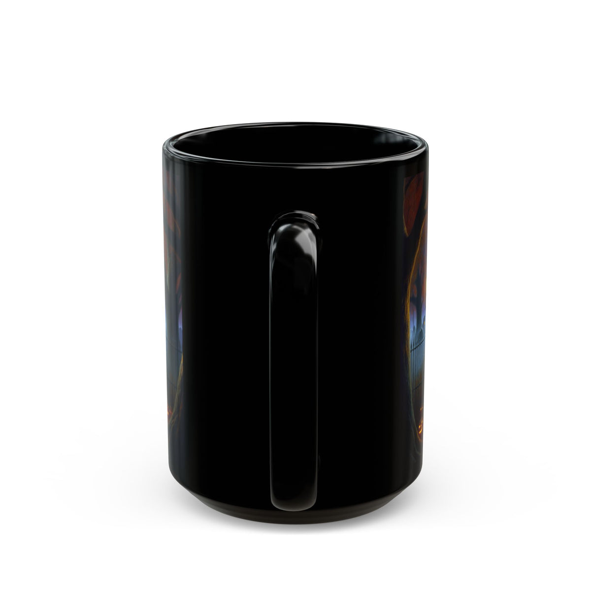 Black mug with the headless horseman in a spooky background. Handle view. Brilliantmischief.shop