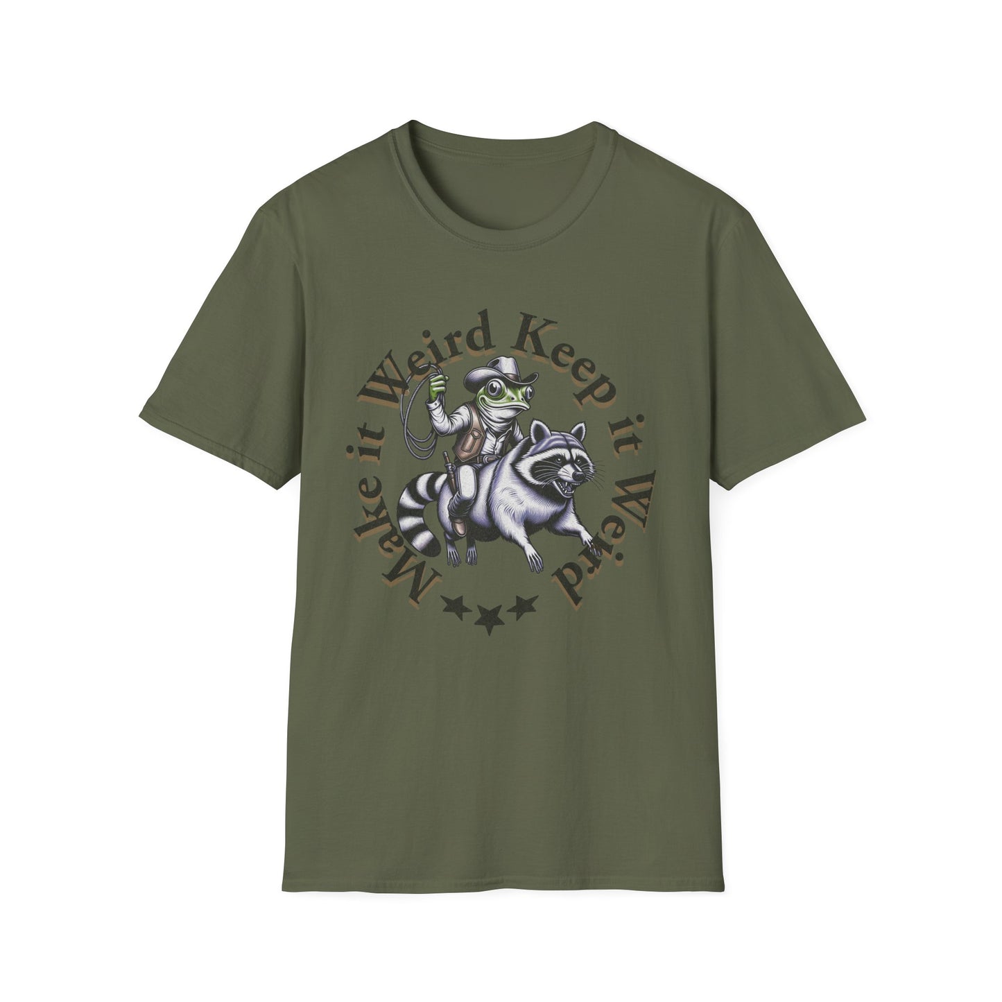 Whimsical Raccoon Tee: Make It Weird | Unisex Softstyle T-Shirt, Casual Everyday Wear, Gift for Animal Lovers, Unique Style, Funny Shirt