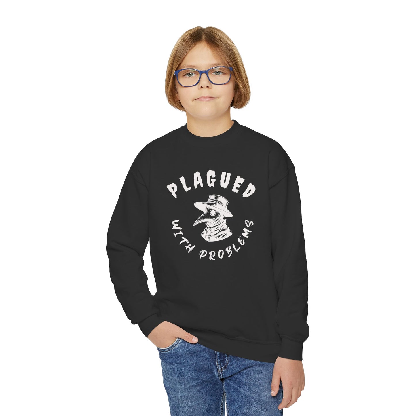 Child wearing a black sweatshirt with 'Plagued with Problems' text and graphic on a white background