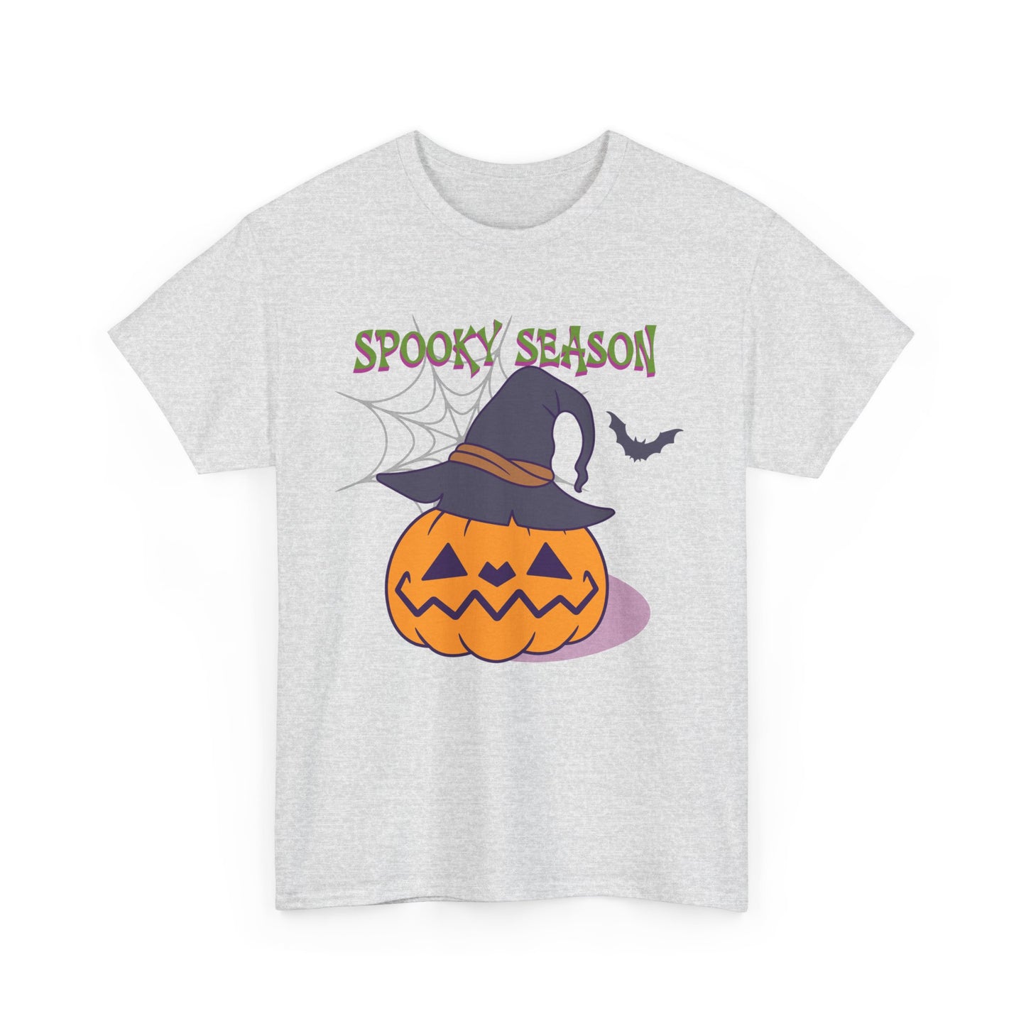Light Gray t-shirt Jack-o-lantern wearing a witches hat with purple and green text above reading Spooky season. Brilliantmischief.shop
