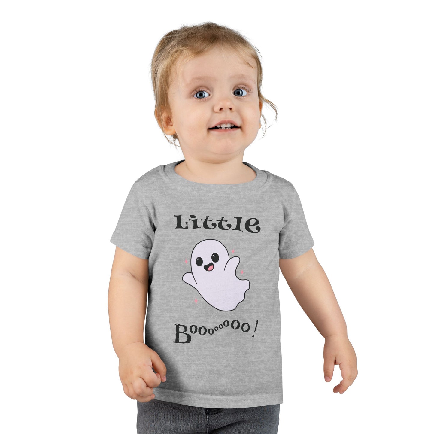 Child wearing a gray t-shirt with a ghost graphic and text on a white background