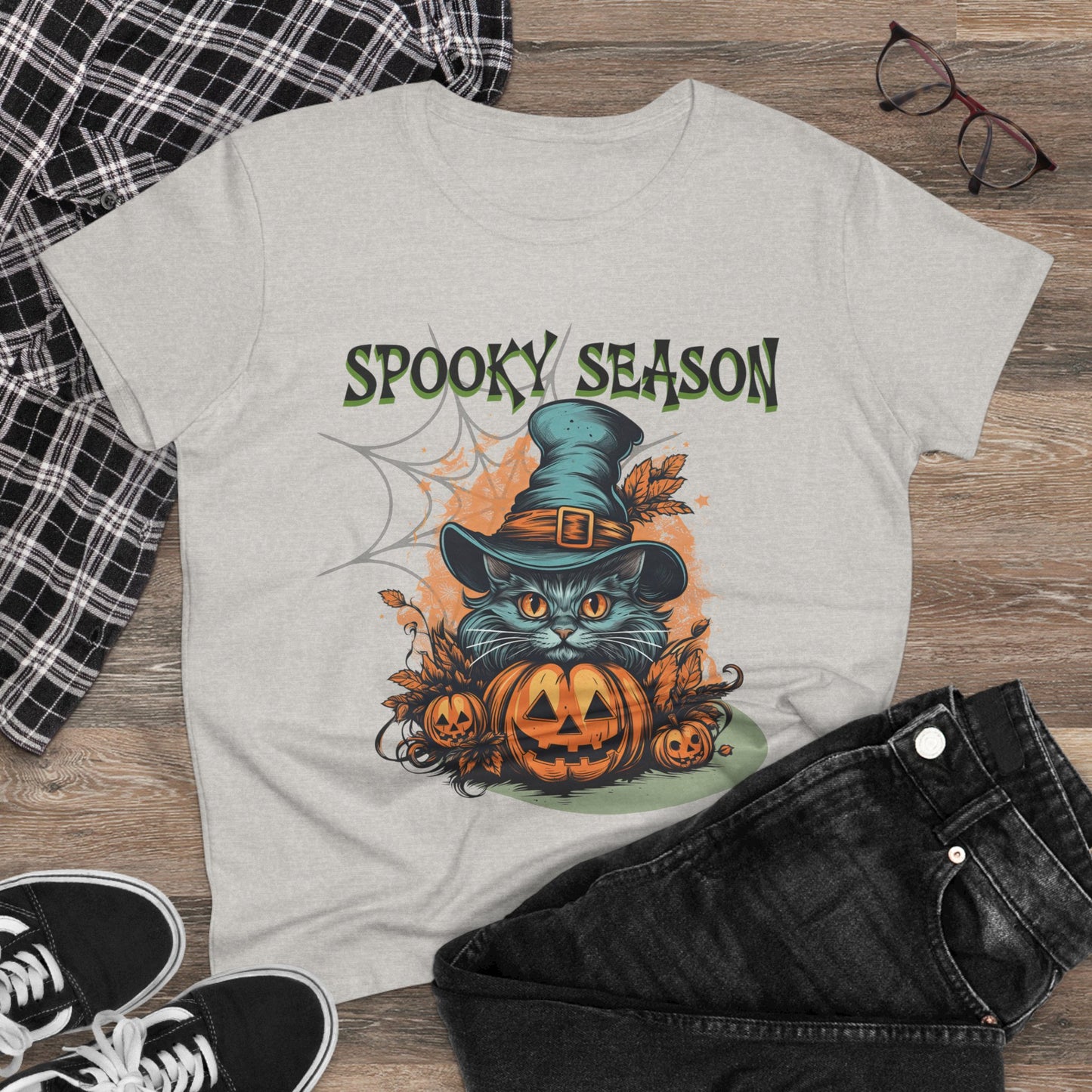 Spooky Season Women's Tee, Halloween Shirt, Cat and Pumpkin Design, Cute Graphic Tee, Fall Fashion, Gift for Her