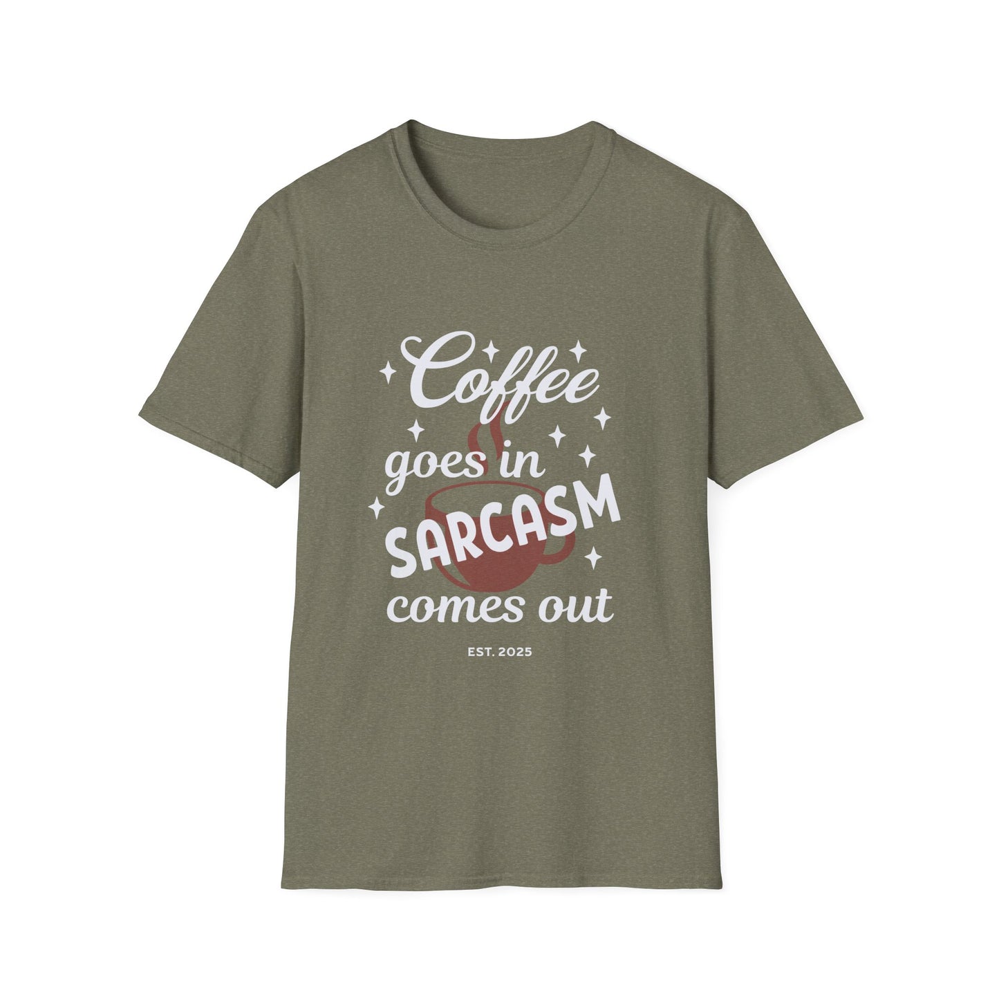Sarcasm and Coffee 2 Unisex Softstyle T-Shirt, Funny Gift for Baristas, Casual Wear, Everyday Tee, Ideal for Birthdays, Humor Apparel