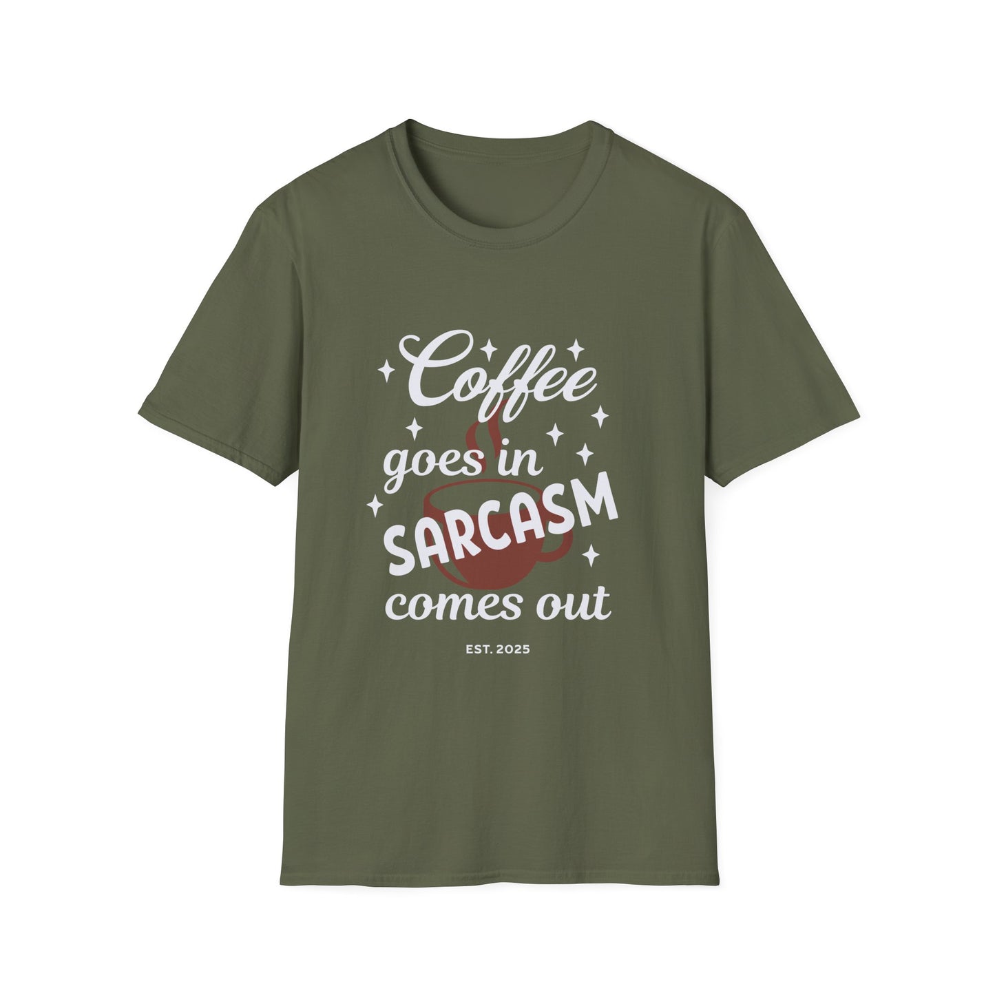 Sarcasm and Coffee 2 Unisex Softstyle T-Shirt, Funny Gift for Baristas, Casual Wear, Everyday Tee, Ideal for Birthdays, Humor Apparel
