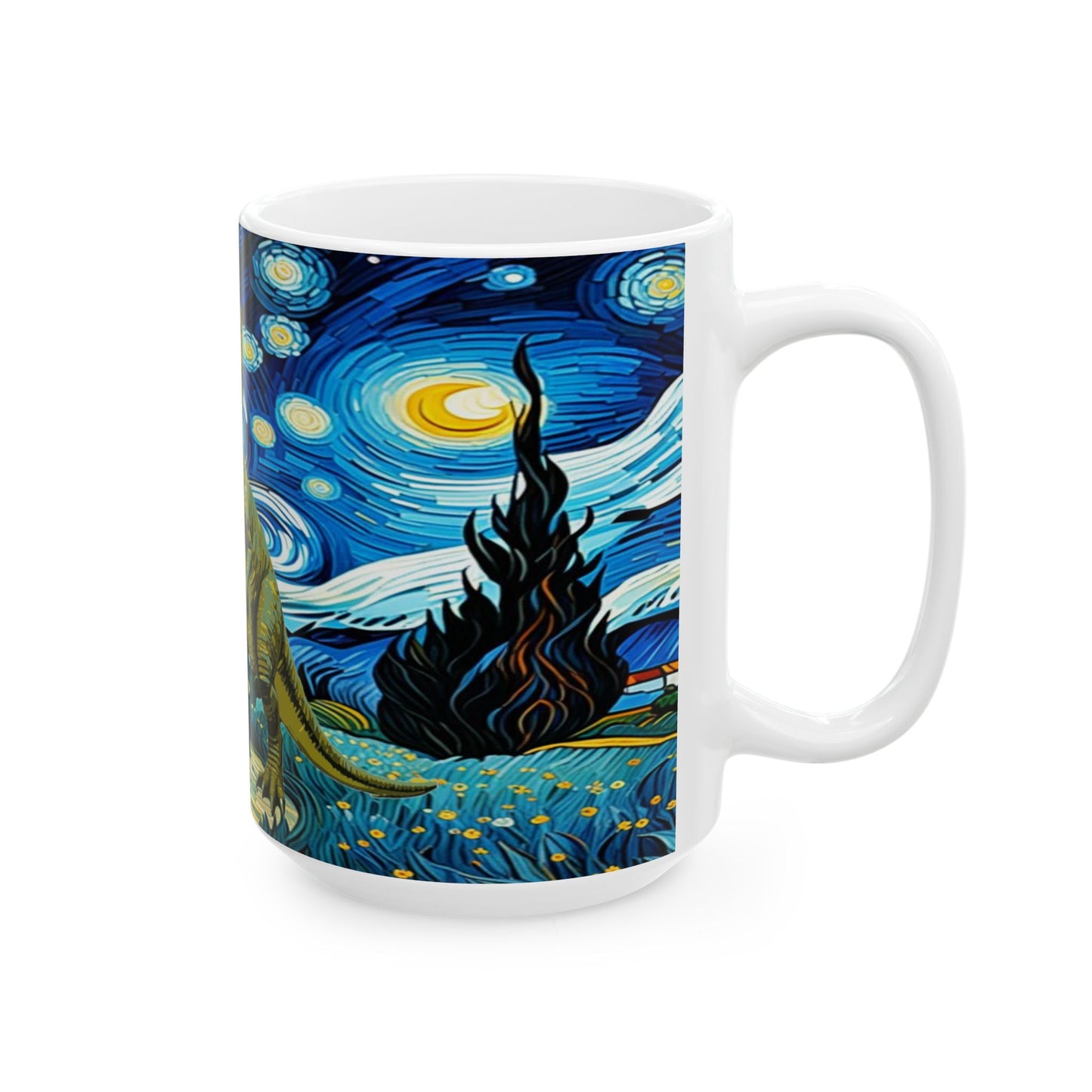 Dinosaur Starry Night Ceramic Mug, Whimsical Coffee Cup, Dino Lover Gift, Unique Kitchen Decor, Fun Artwork Mug