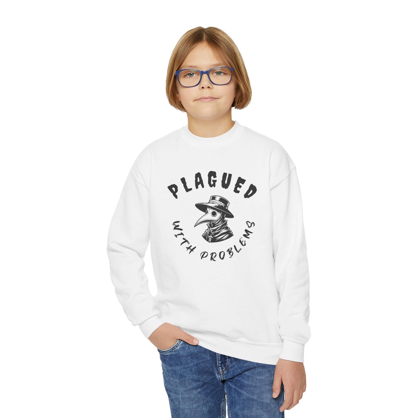 Child wearing white sweatshirt with black Plague Dr Plagued with Problems. Brilliantmischief.shop