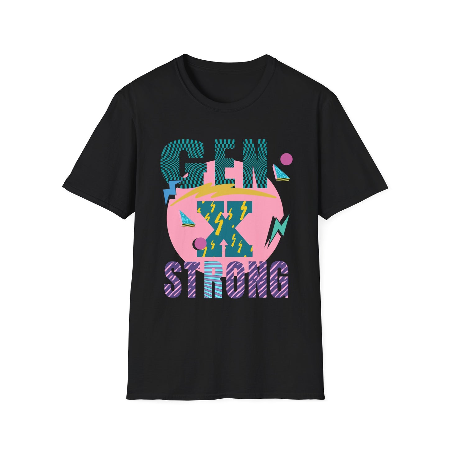 Black t-shirt with bright retro graphic 'Gen X Strong' Brilliantmischief.shop