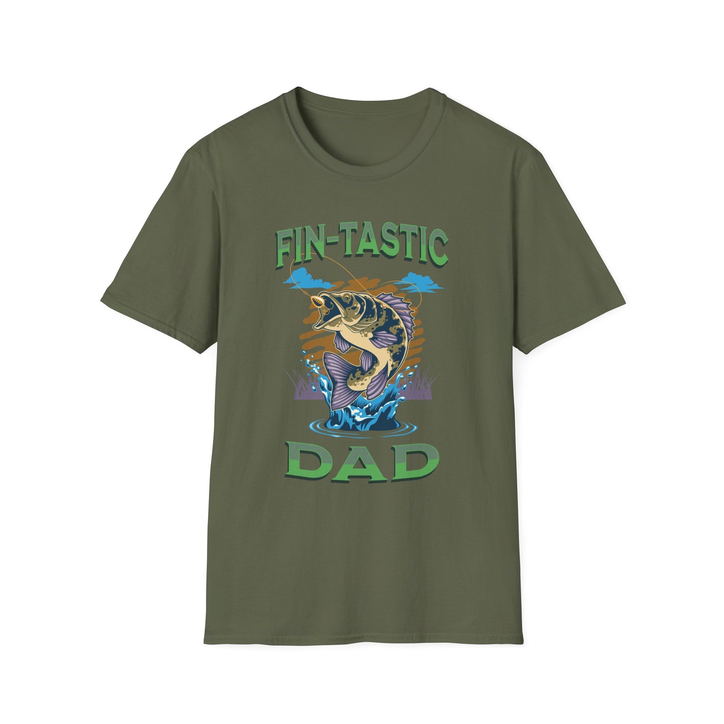 Army green T-shirt with a fish graphic with green text 'Fin-tastic DAD' BrilliantMischief.shop