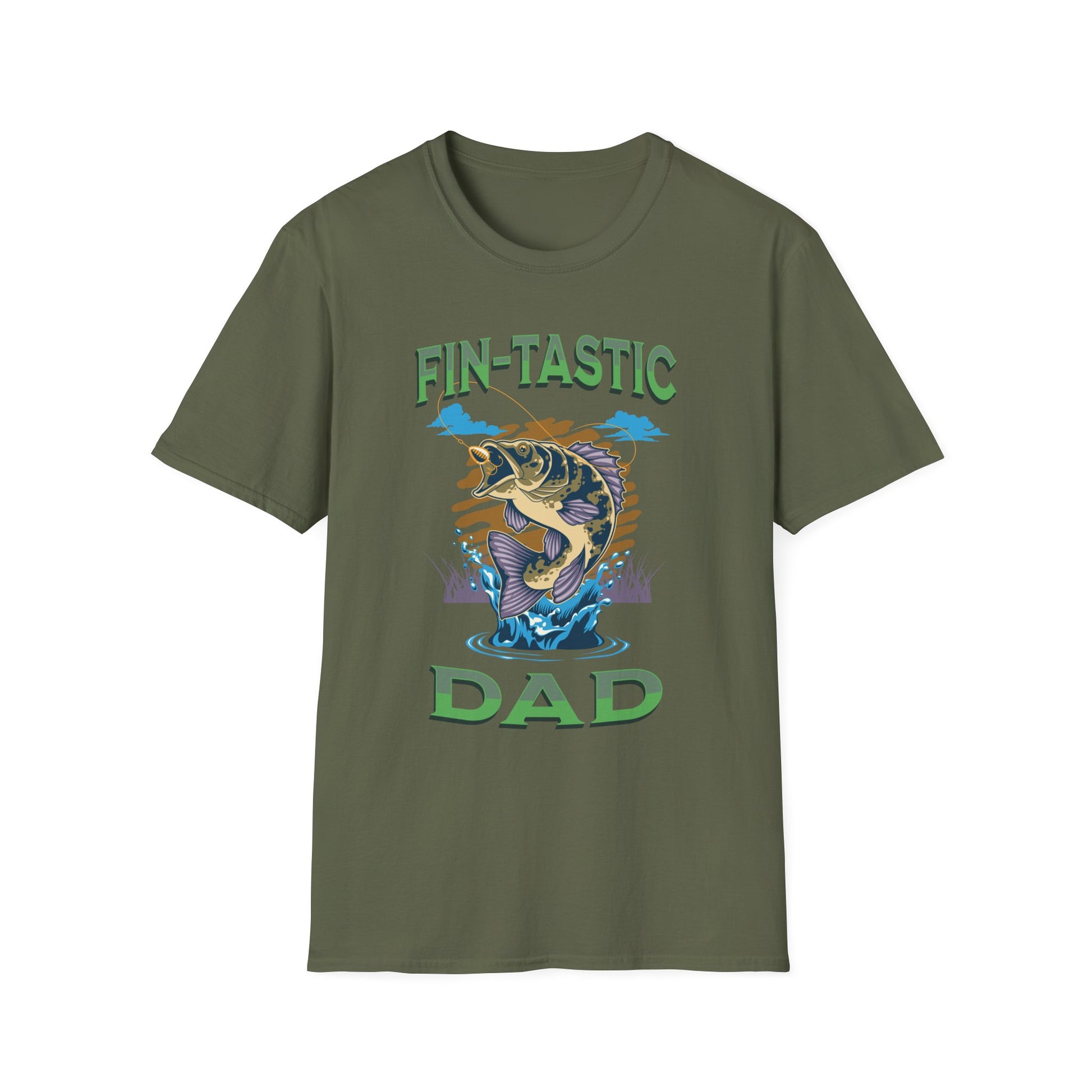Army green T-shirt with a fish graphic with green text 'Fin-tastic DAD' BrilliantMischief.shop
