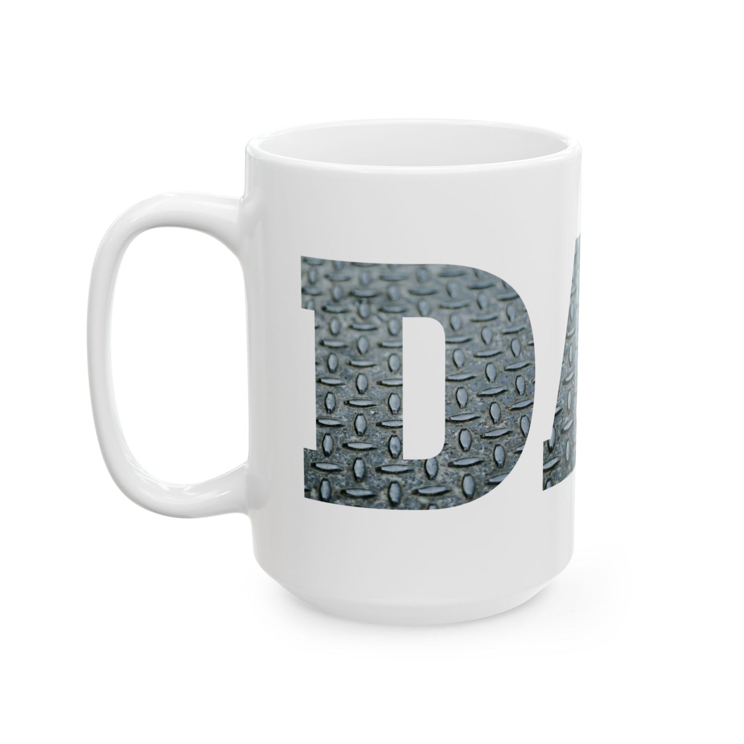 White mug with a silver Diamond plate design within 'DAD' text on a white background side view. Brilliantmischief.shop