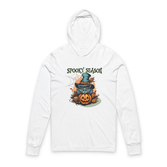 Spooky Season Cat Unisex Hooded Long Sleeve Tee, Halloween Hoodie, Fall Apparel, Cozy Gift, Unique Halloween Shirt