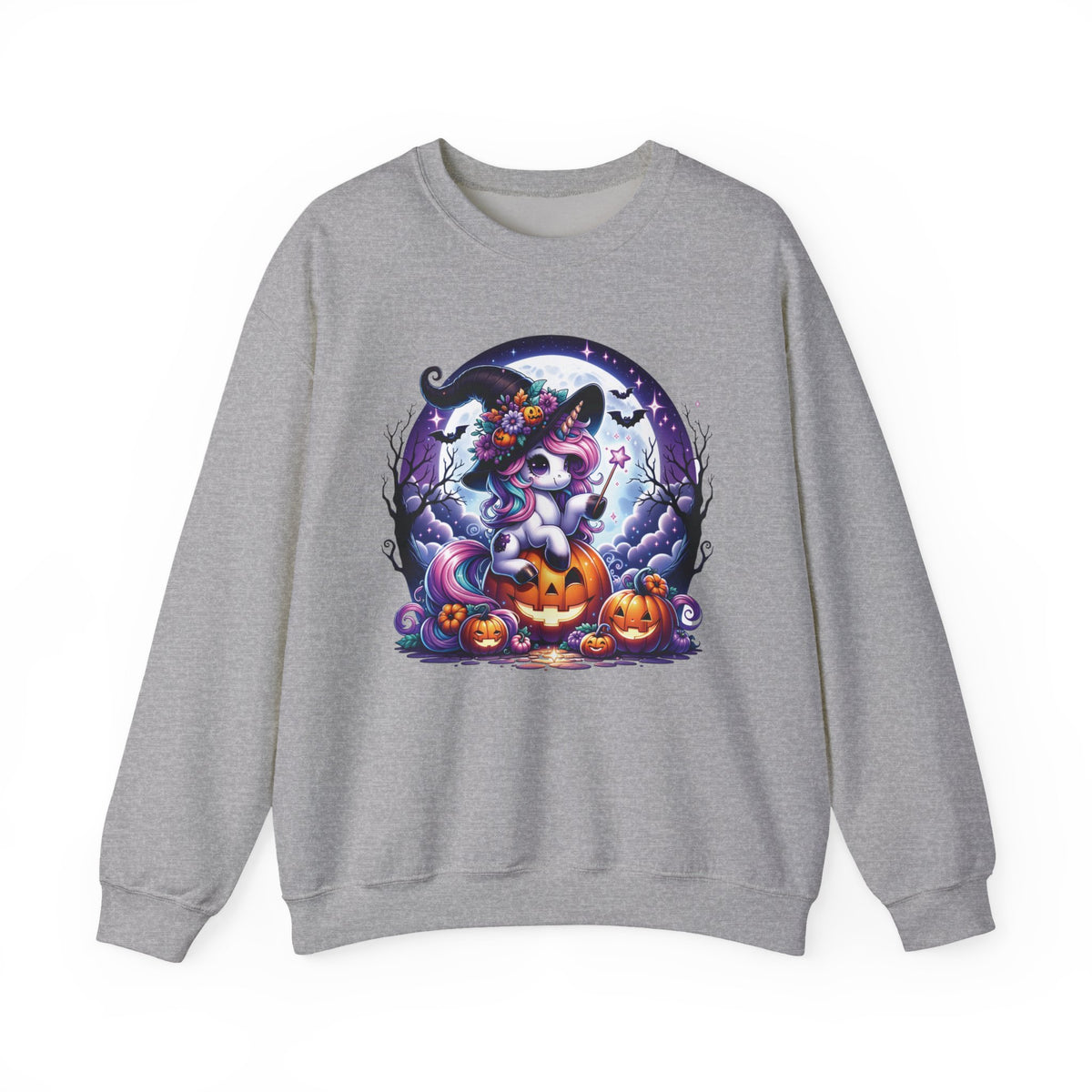Gray womens sweat shirt with a round Halloween graphic showing a unicorn wearing a witch hat and holding a wand sitting on a Jack-o-lantern. Brilliantmischief.shop
