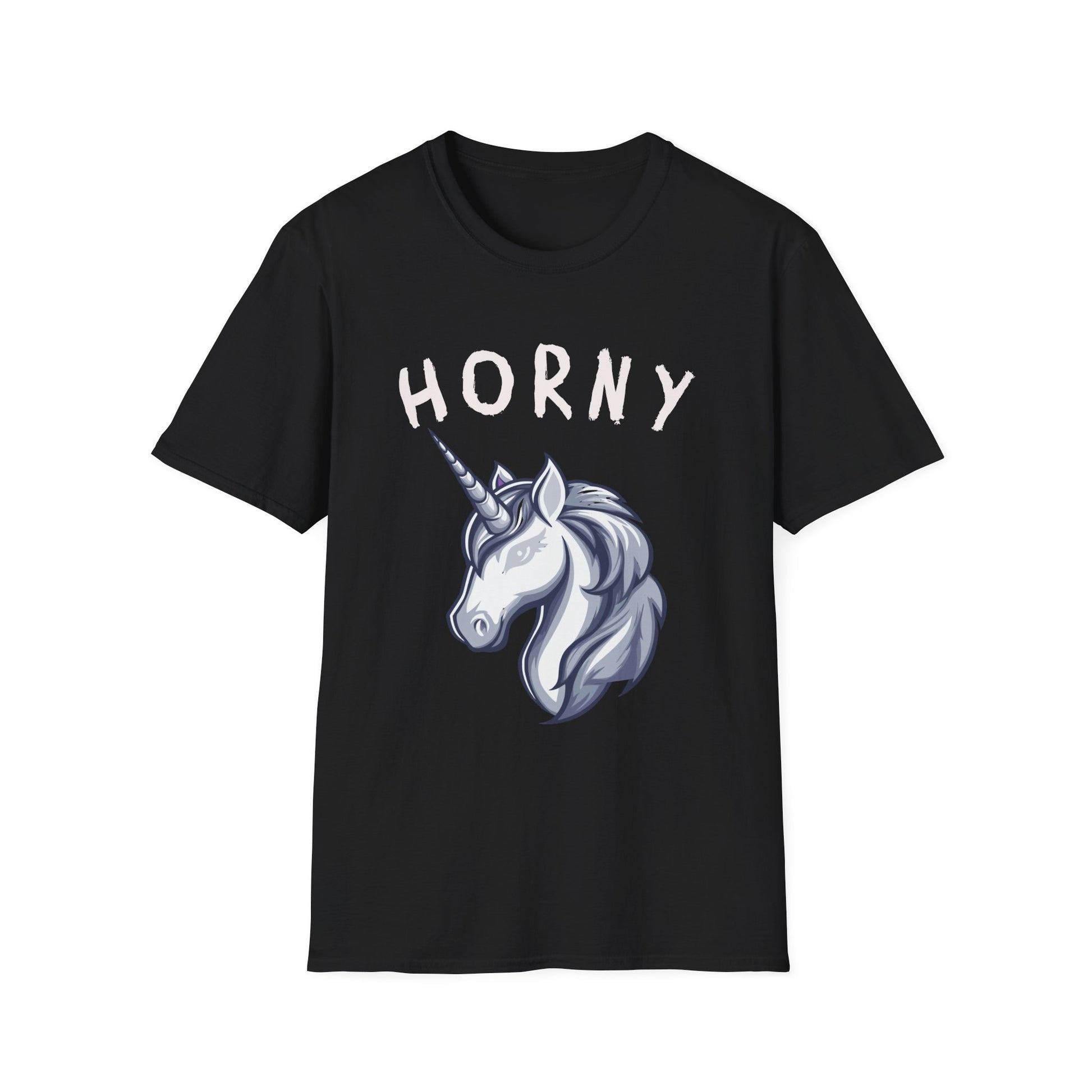Black T-shirt with sketch of a unicorn head with white text 'Horny' Brilliantmischief.shop