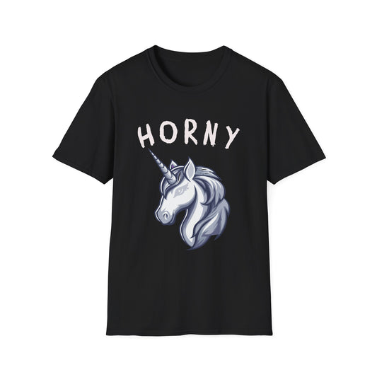 Black T-shirt with sketch of a unicorn head with white text 'Horny' Brilliantmischief.shop
