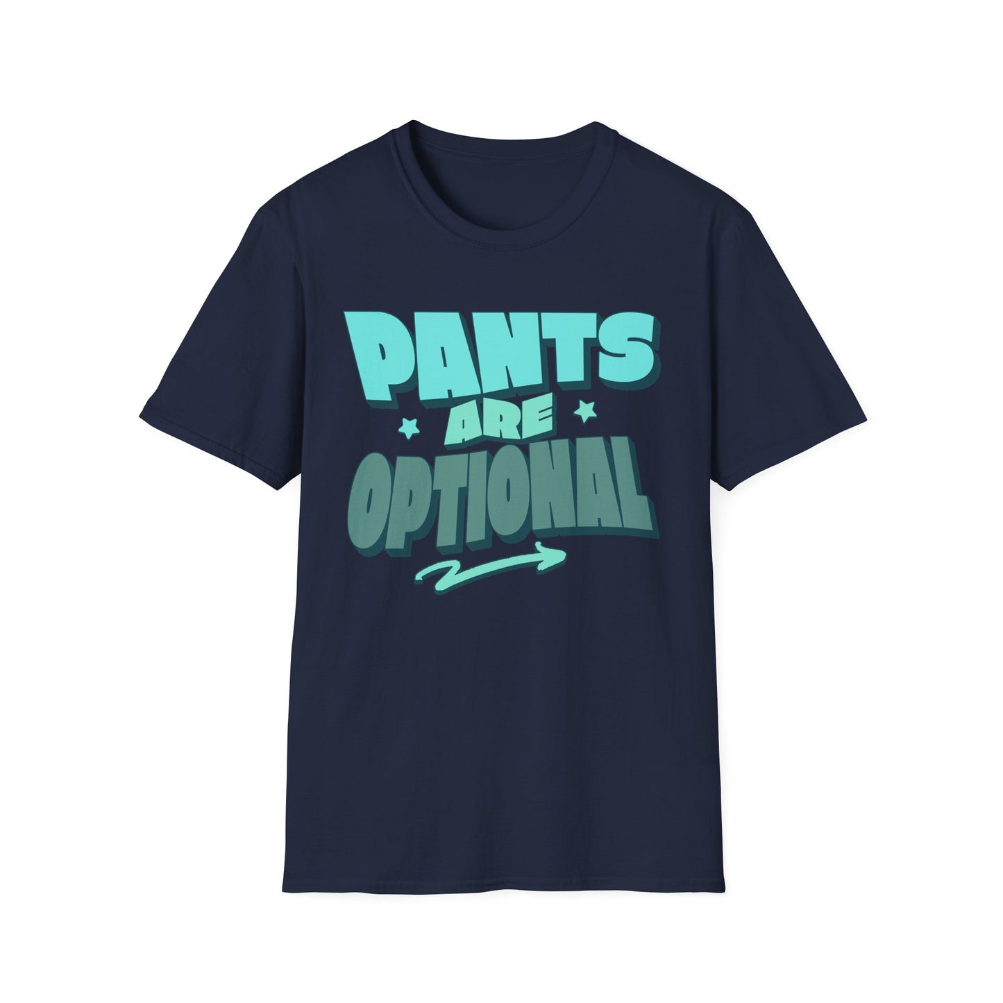 Navy blue t-shirt with 'PANTS ARE OPTIONAL' text in teal. Brilliantmischief.shop
