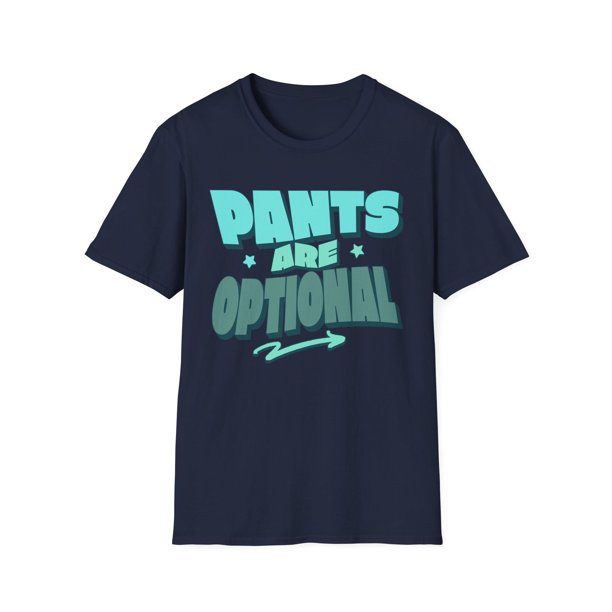 Navy blue t-shirt with 'PANTS ARE OPTIONAL' text in teal. Brilliantmischief.shop