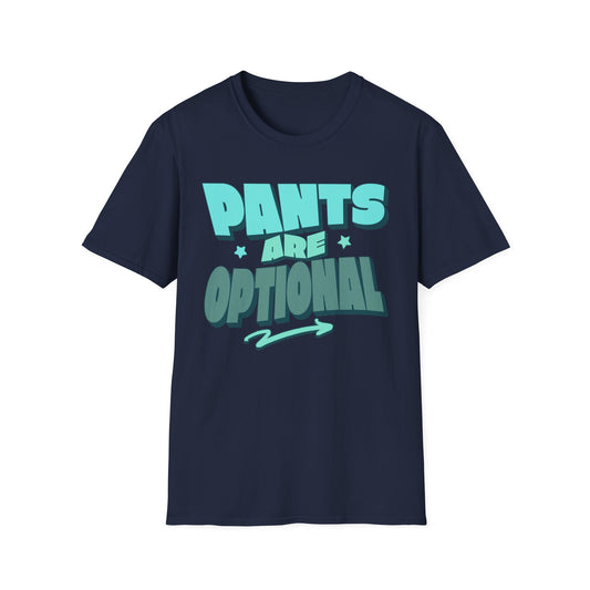 Navy blue t-shirt with 'PANTS ARE OPTIONAL' text in teal. Brilliantmischief.shop