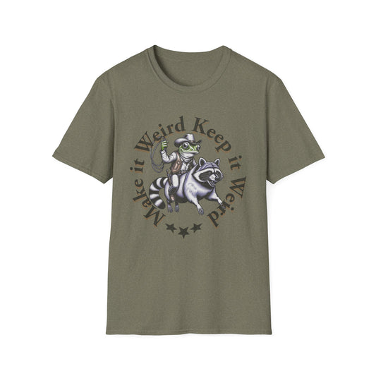 Whimsical Raccoon Tee: Make It Weird | Unisex Softstyle T-Shirt, Casual Everyday Wear, Gift for Animal Lovers, Unique Style, Funny Shirt
