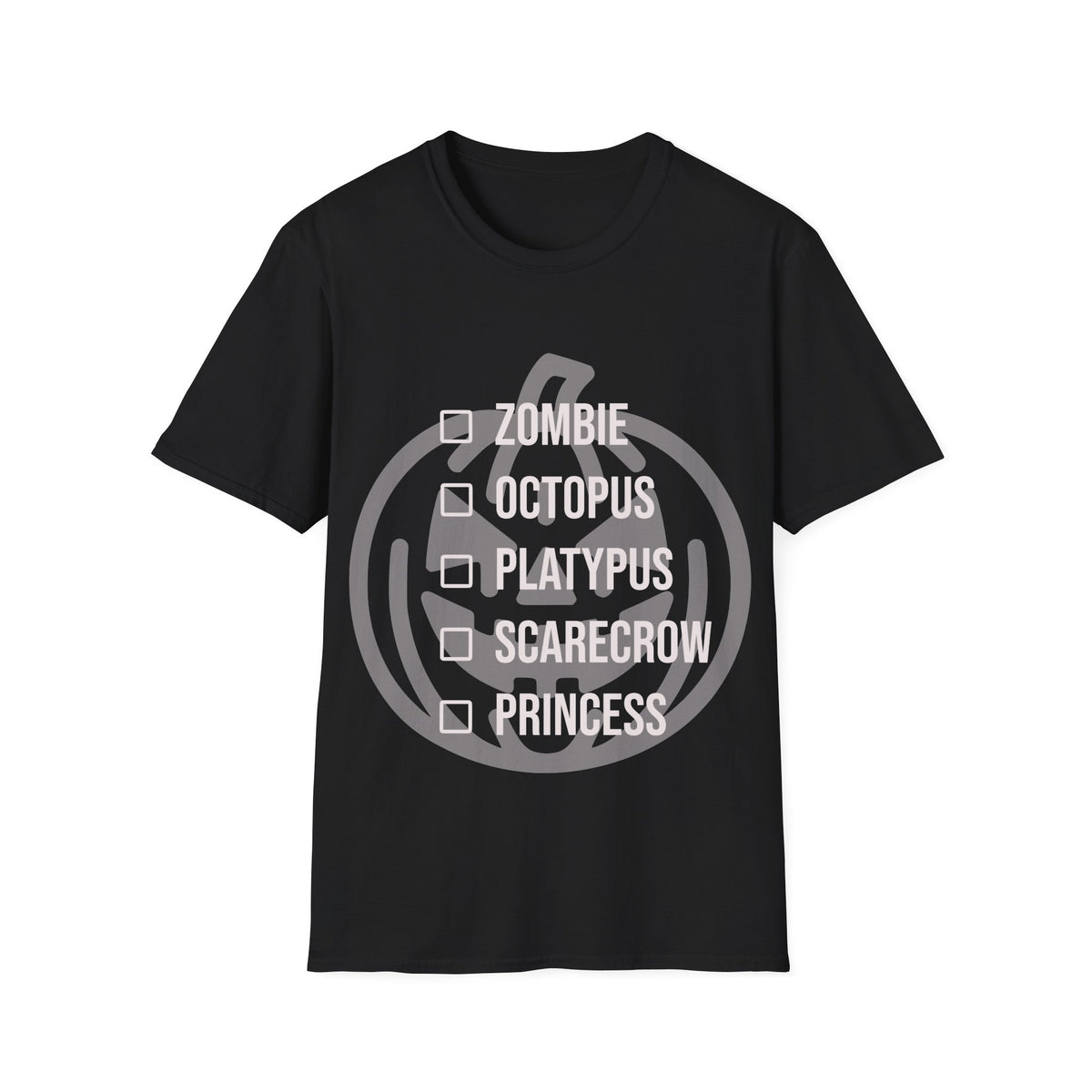 Black t-shirt with a light jack-o-lantern graphic behind a checklist of the following costumes ('ZOMBIE', 'OCTOPUS', 'PLATYPUS', 'SCARECROW', 'PRINCESS') next to empty checkbox icons. Brilliantmischief.shop