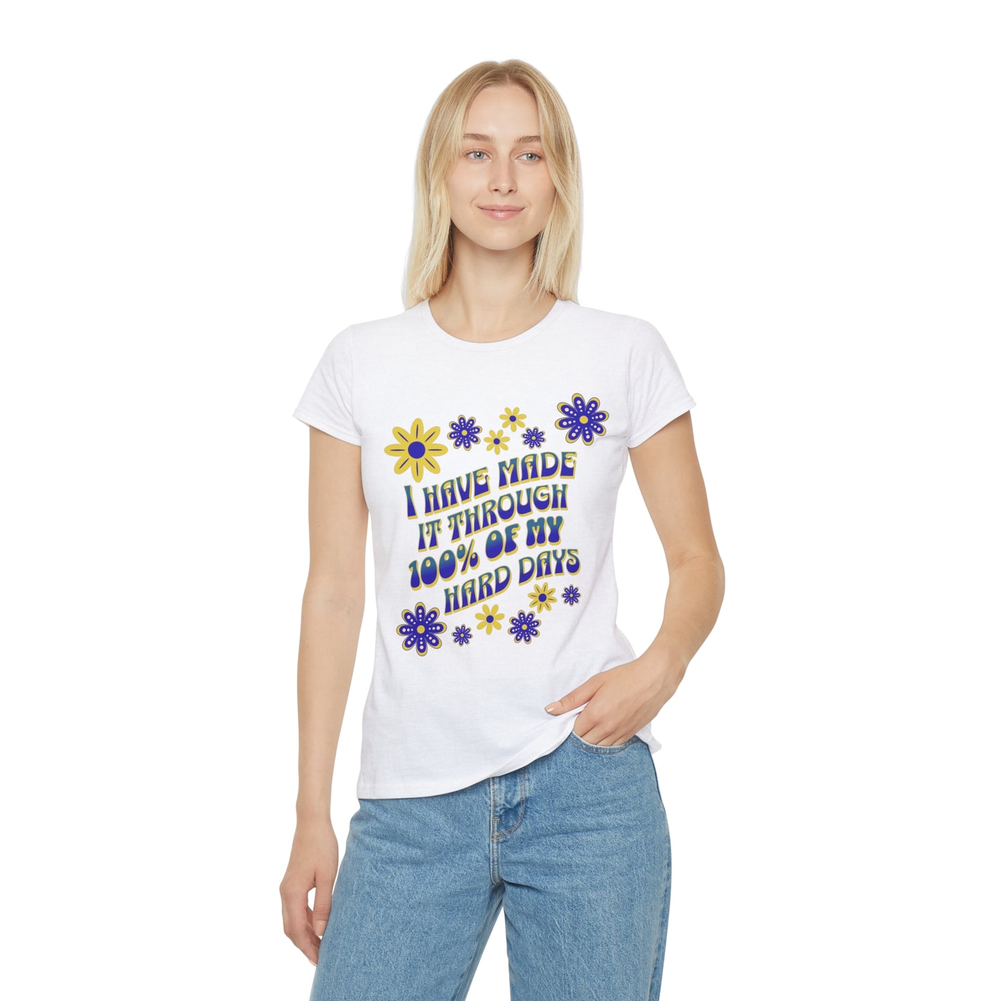 Woman wearing white t-shirt with floral design and text 'I have survived 100% of my hard days' BrilliantMischief.shop