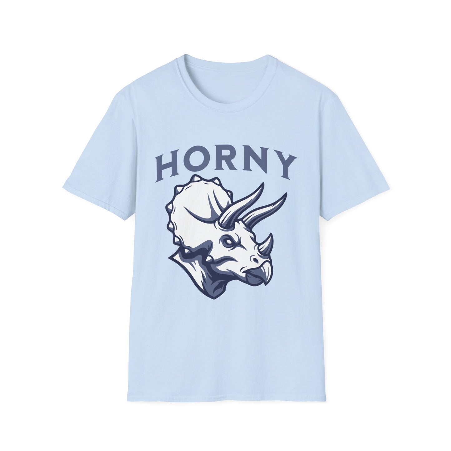 Light blue T-shirt with sketch of a triceratops head with blue text 'Horny' Brilliantmischief.shop