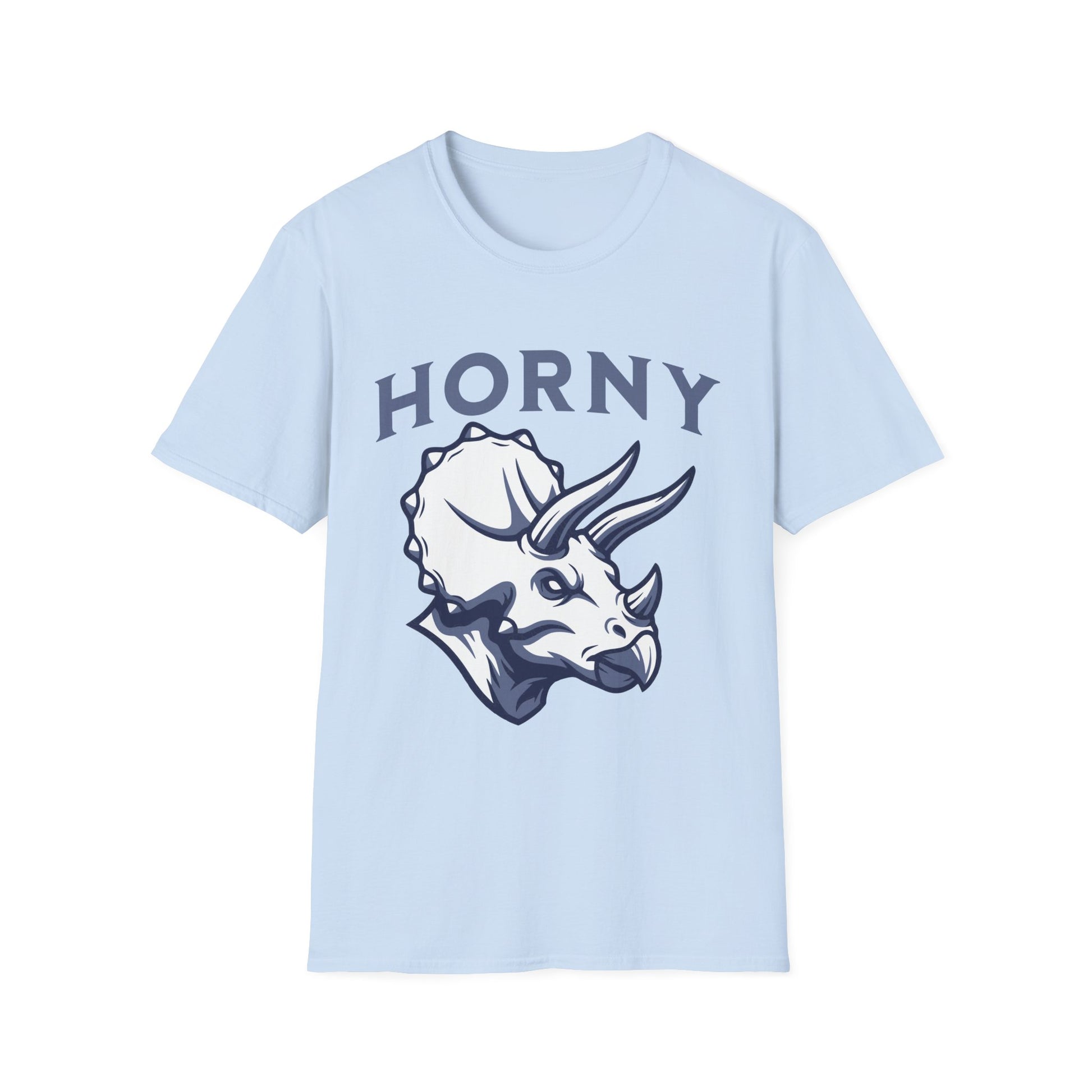 Light blue T-shirt with sketch of a triceratops head with blue text 'Horny' Brilliantmischief.shop