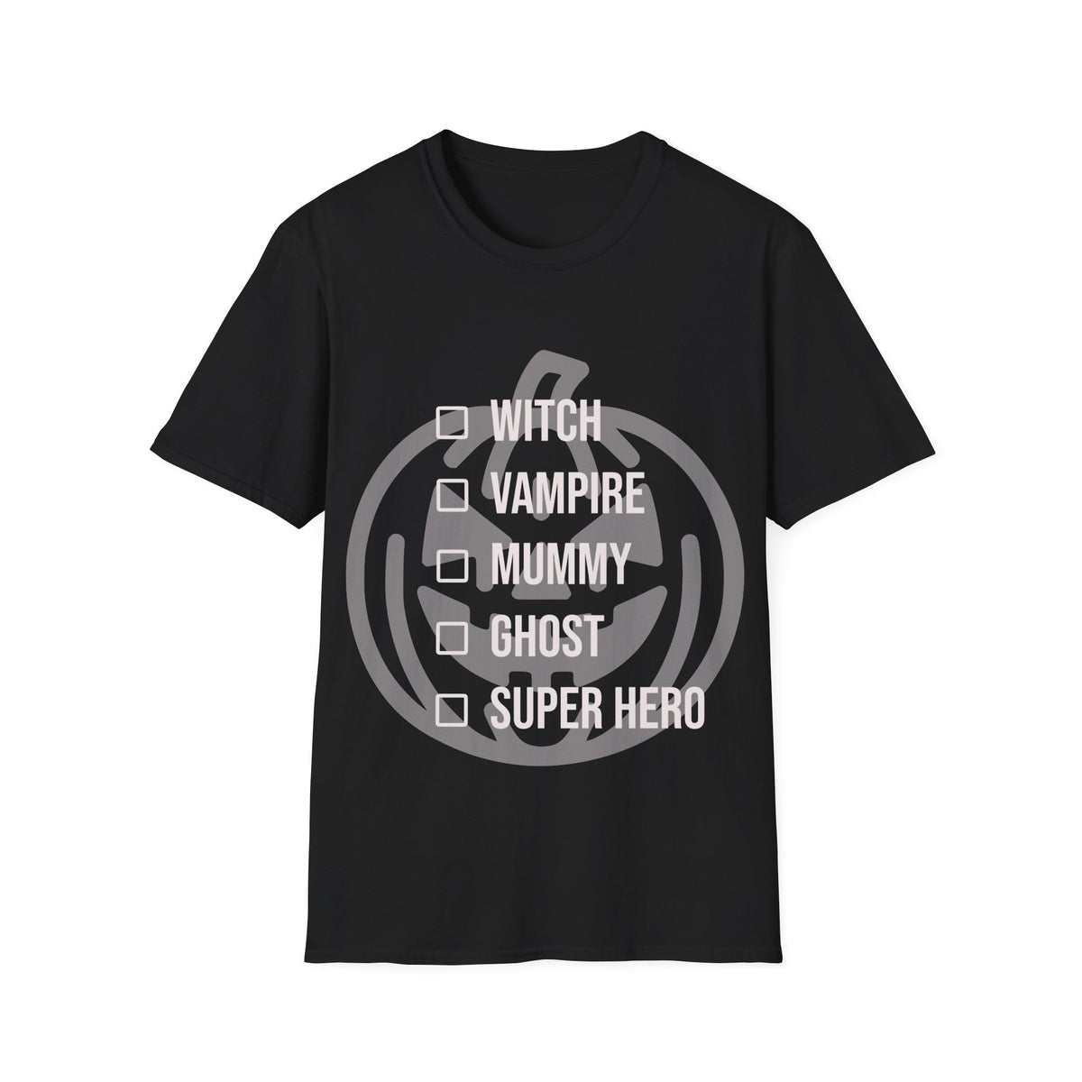 Black t-shirt with a light jack-o-lantern graphic behind a checklist of the following costumes ('WITCH', 'VAMPIRE', 'MUMMY', 'GHOST', 'SUPER HERO') next to empty checkbox icons. Brilliantmischief.shop