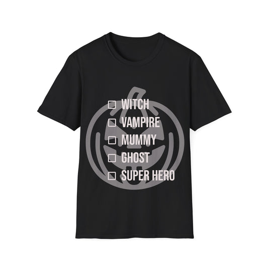 Black t-shirt with a light jack-o-lantern graphic behind a checklist of the following costumes ('WITCH', 'VAMPIRE', 'MUMMY', 'GHOST', 'SUPER HERO') next to empty checkbox icons. Brilliantmischief.shop