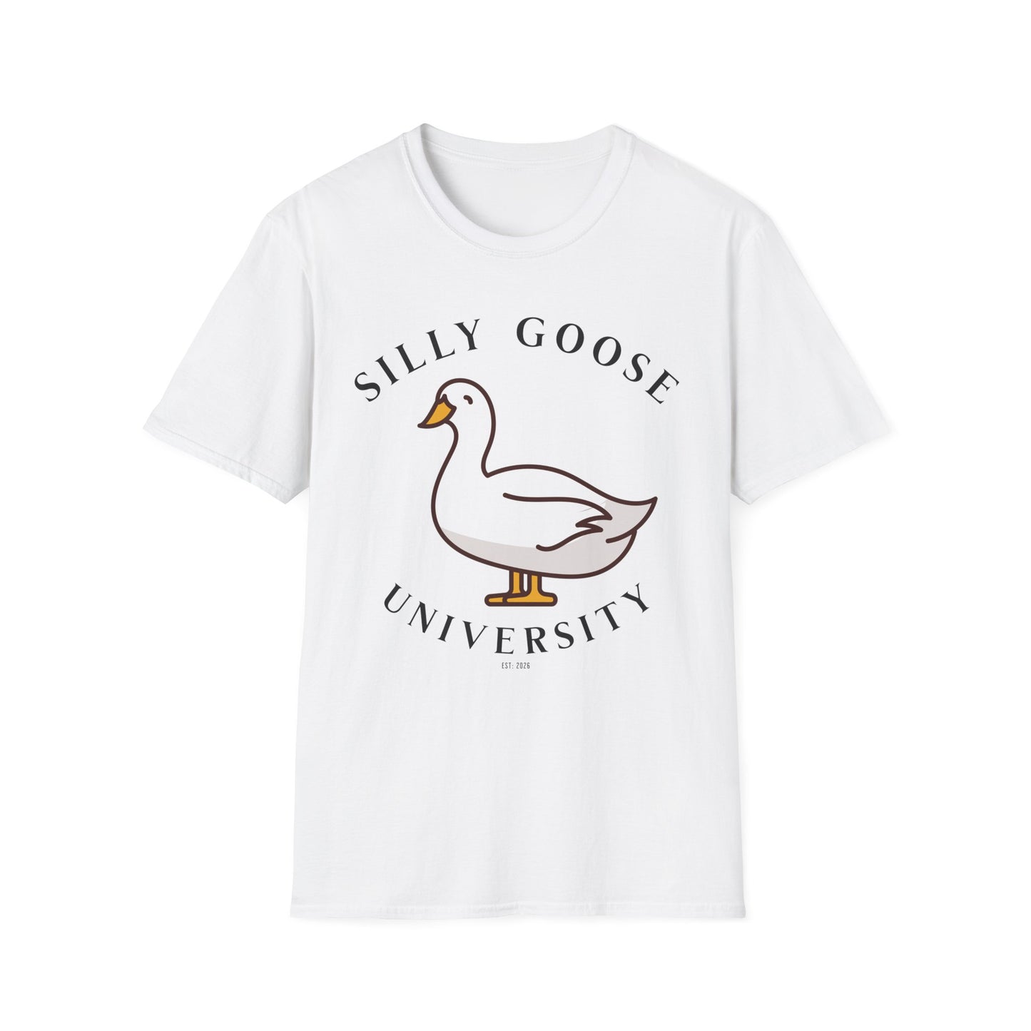 White t-shirt with a goose graphic and 'Silly Goose University' in black text . Brilliantmichief.shop
