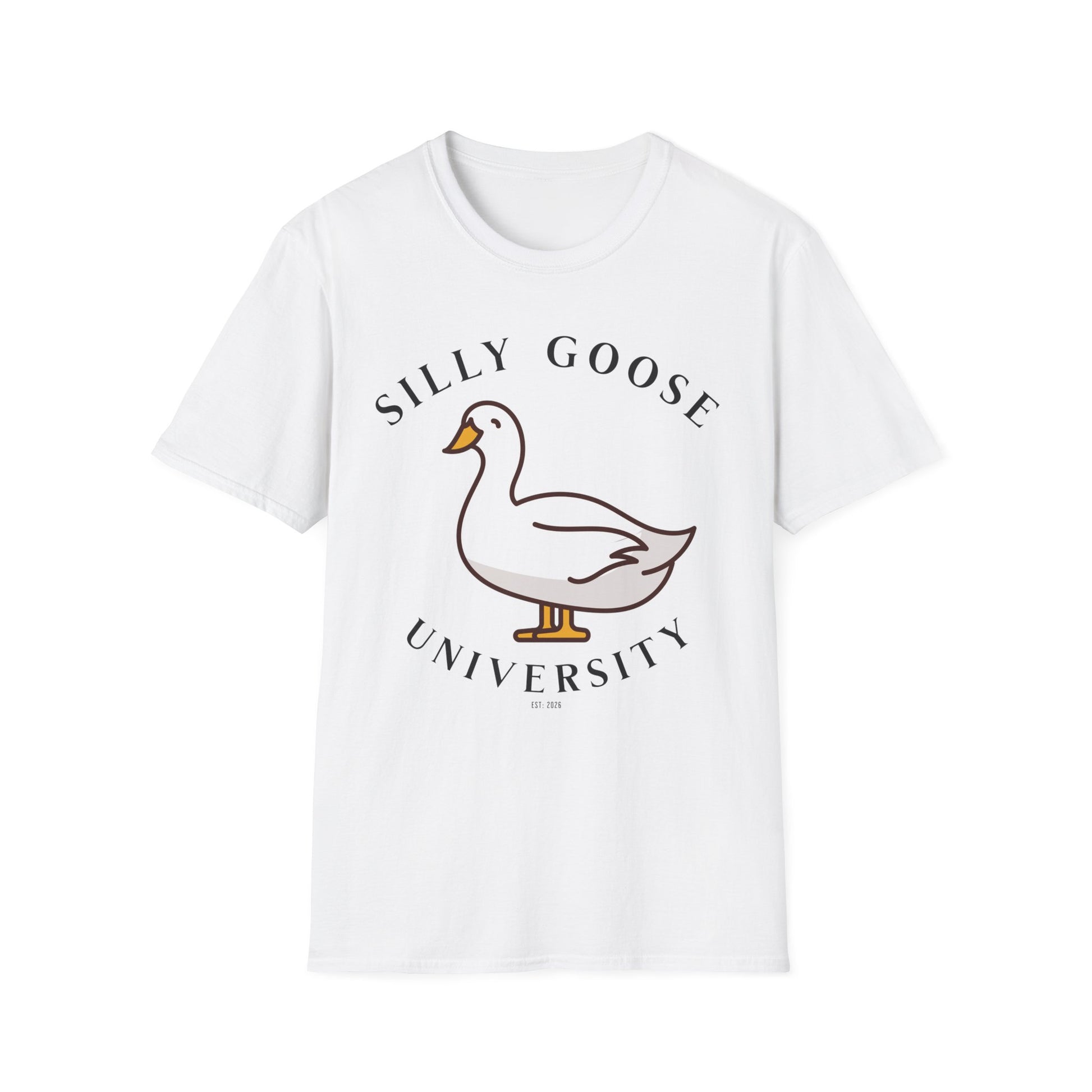 White t-shirt with a goose graphic and 'Silly Goose University' in black text . Brilliantmichief.shop