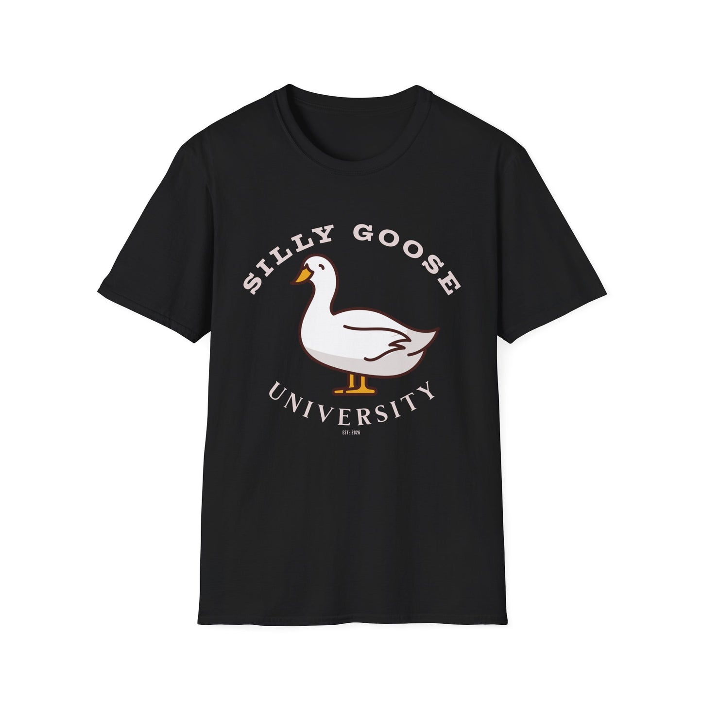  Black t-shirt with a goose graphic and 'Silly Goose University' in white text . Brilliantmichief.shop