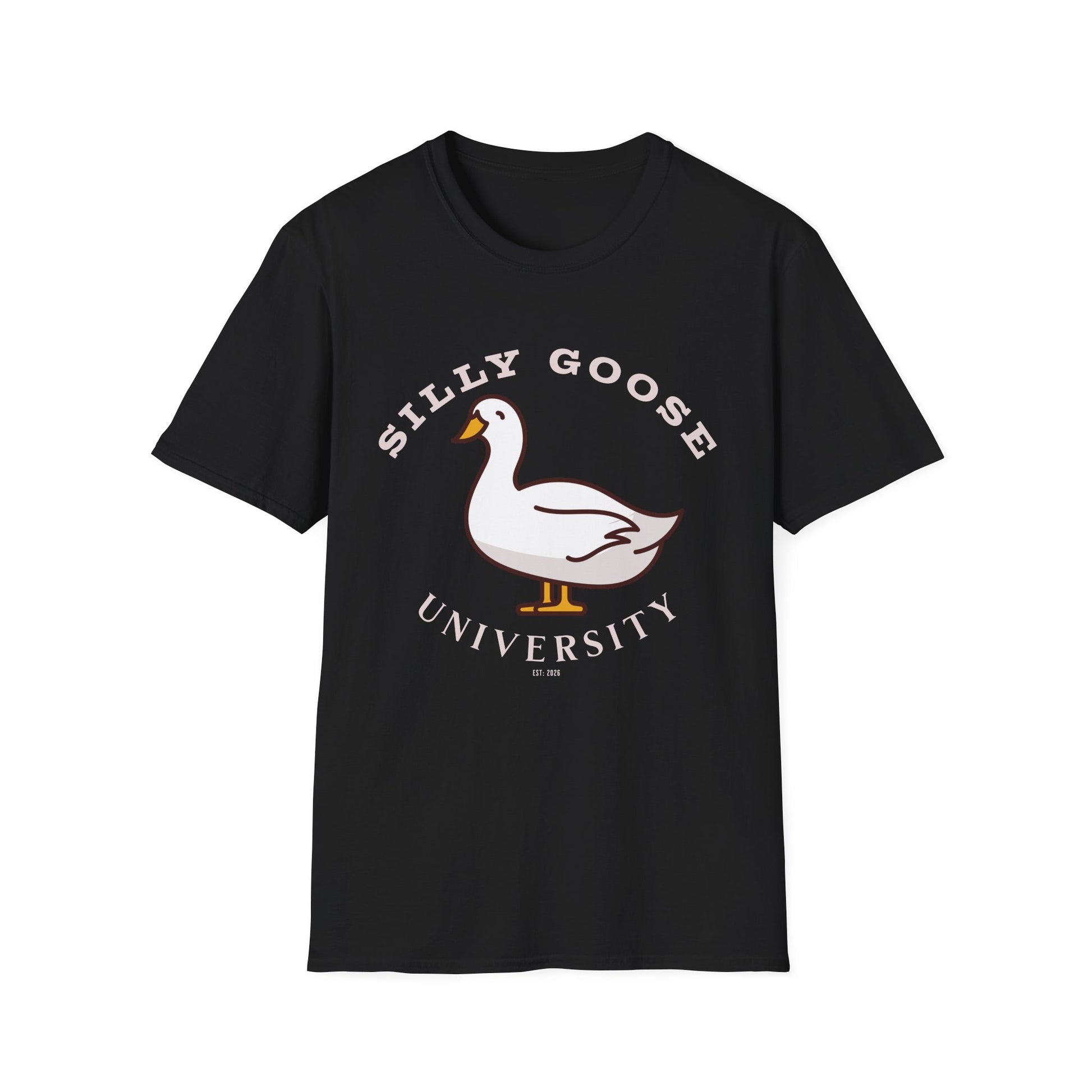  Black t-shirt with a goose graphic and 'Silly Goose University' in white text . Brilliantmichief.shop