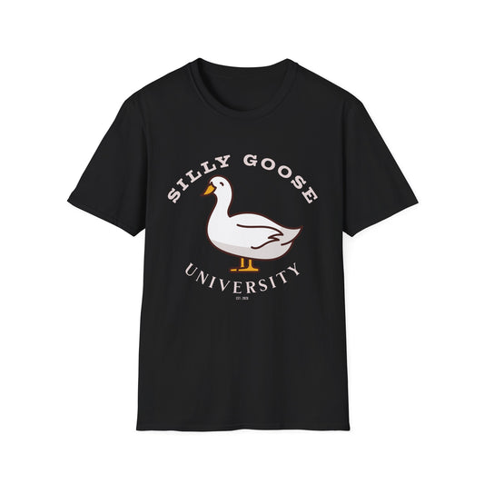  Black t-shirt with a goose graphic and 'Silly Goose University' in white text . Brilliantmichief.shop