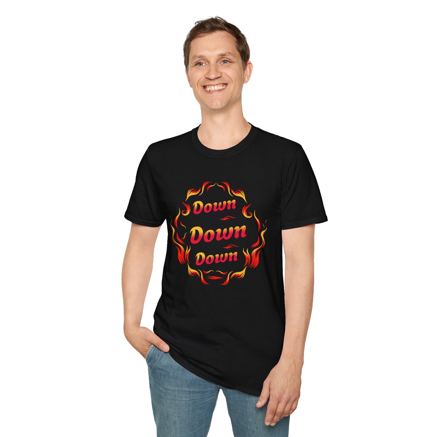 Down Flames Unisex Softstyle T-Shirt - Bold 'Down' Flame Design