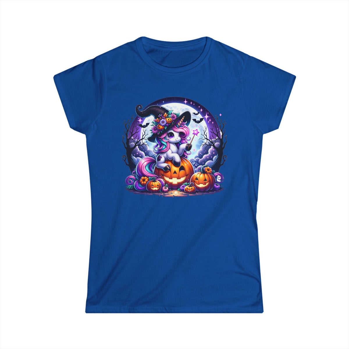 Royal blue womens t-shirt with a round Halloween graphic showing a unicorn wearing a witch hat and holding a wand sitting on a Jack-o-lantern. Brilliantmischief.shop
