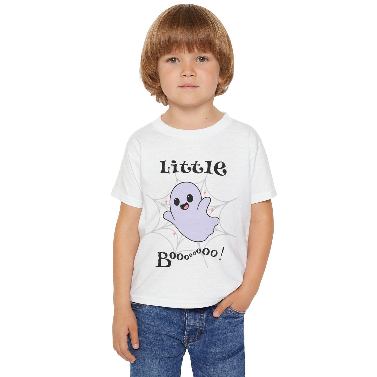 Child wearing white short-sleeve kids' t-shirt with a cute cartoon ghost graphic on the front. The graphic features the text 'Little Booooooo!' in a spooky black font, surrounding a small lavender ghost with a spiderweb pattern in the background. Brilliantmischief.shop
