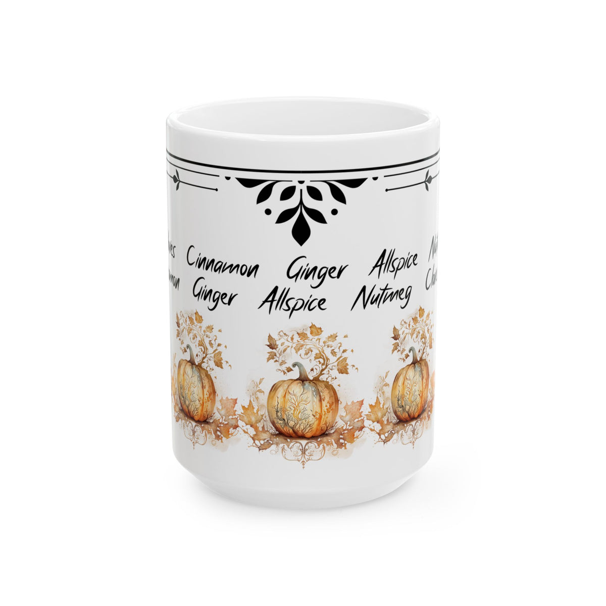 White mug with fall pumpkins across the bottom and spices Cinnamon, ginger, allspice nutmeg cloves in black script. Front view. Brilliantmischief.shop