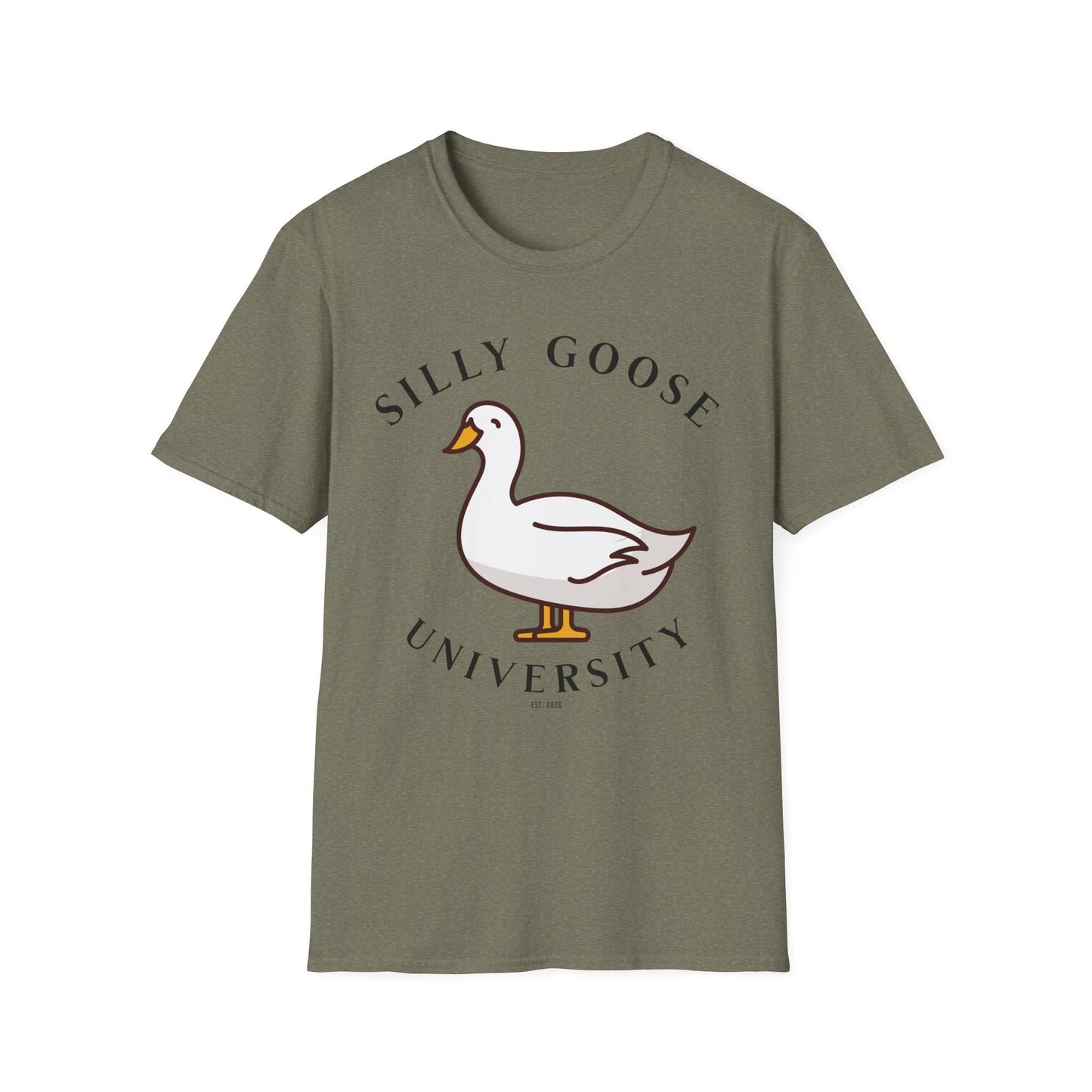 Green t-shirt with a goose graphic and 'Silly Goose University' in black text . Brilliantmichief.shop