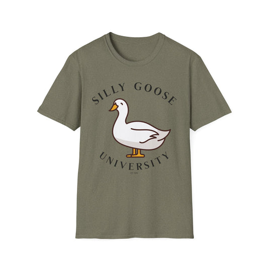 Green t-shirt with a goose graphic and 'Silly Goose University' in black text . Brilliantmichief.shop