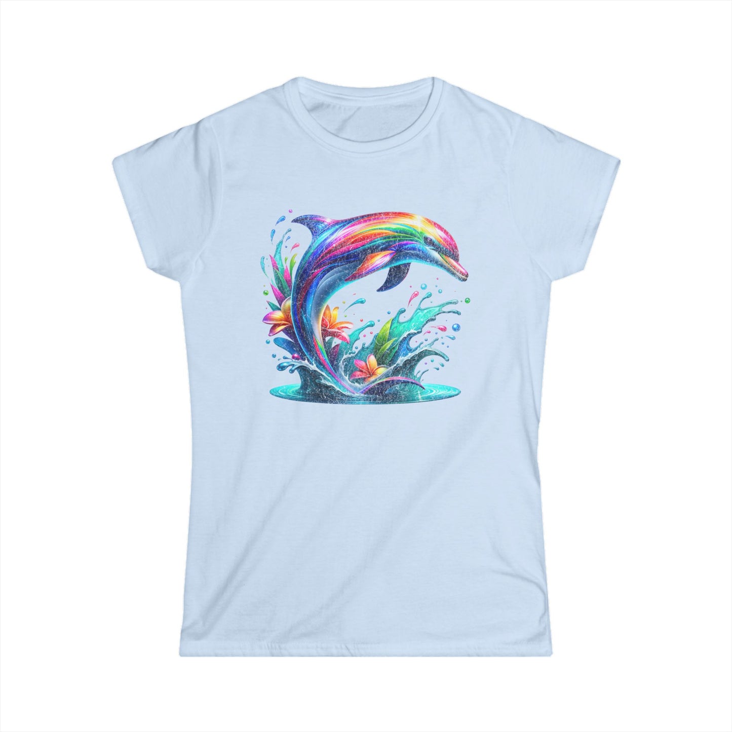 Colorful Dolphin Women's Softstyle Tee, Beachwear, Gift for Sea Lovers, Summer Vibes, Ocean-Themed Fashion
