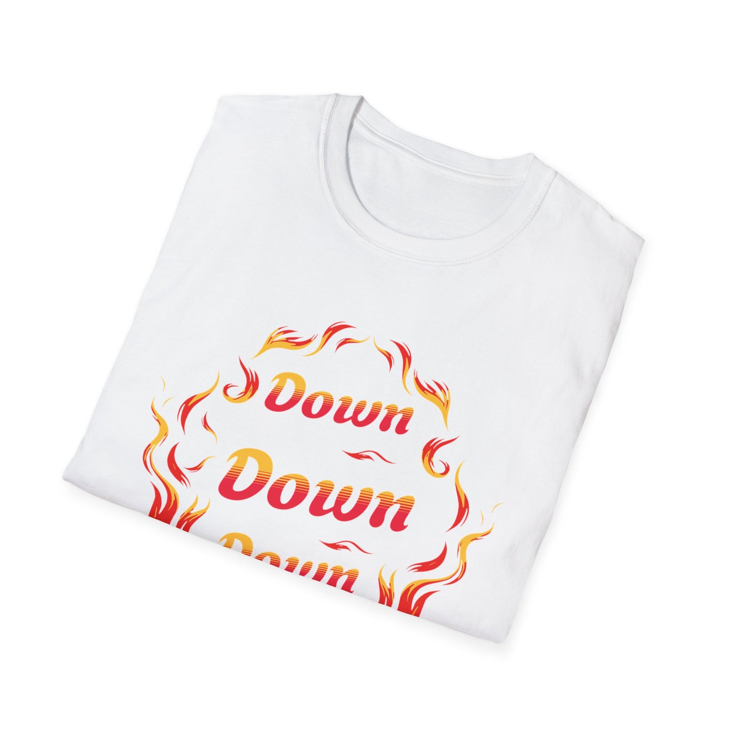 Down Flames Unisex Softstyle T-Shirt - Bold 'Down' Flame Design