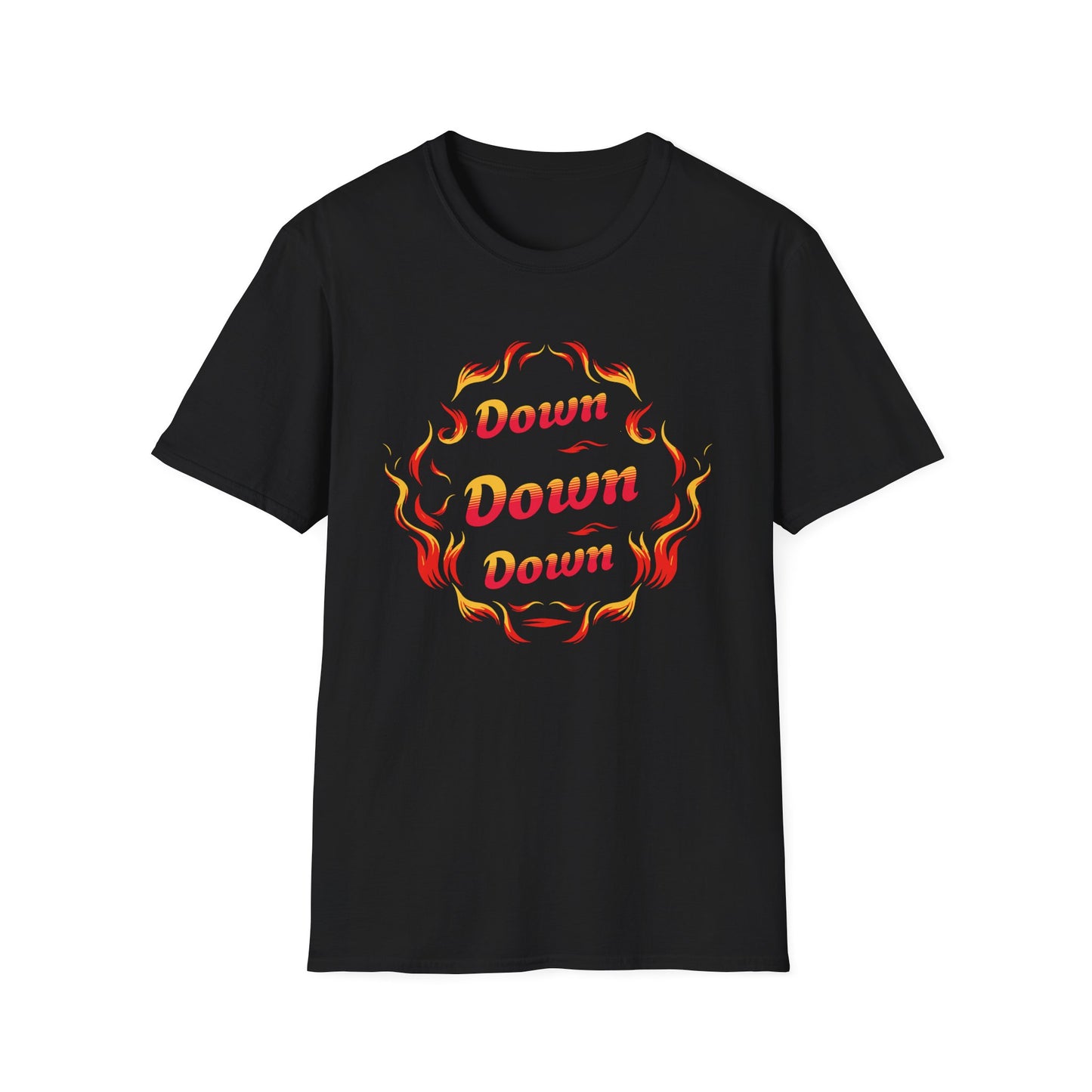 Down Flames Unisex Softstyle T-Shirt - Bold 'Down' Flame Design