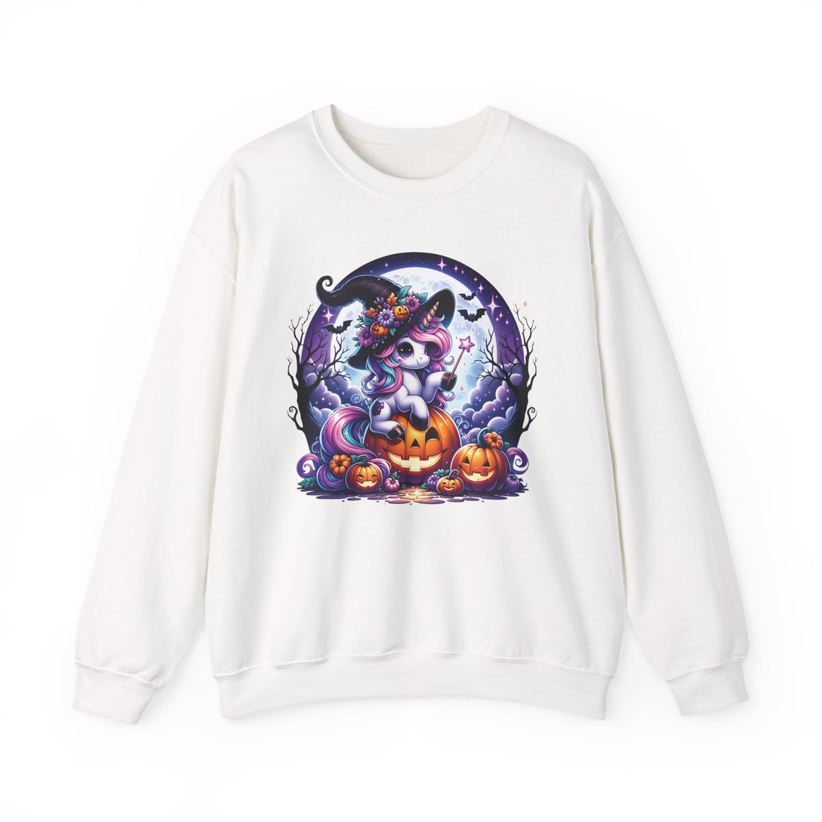 Off white womens sweat shirt with a round Halloween graphic showing a unicorn wearing a witch hat and holding a wand sitting on a Jack-o-lantern. Brilliantmischief.shop