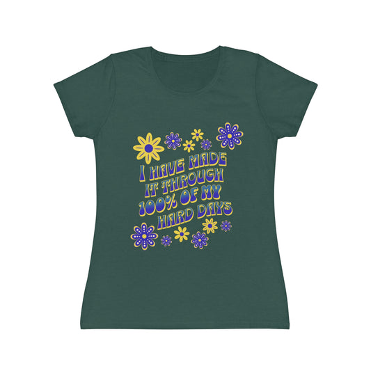 Green t-shirt with floral design and text 'I have survived 100% of my hard days' BrilliantMischief.shop