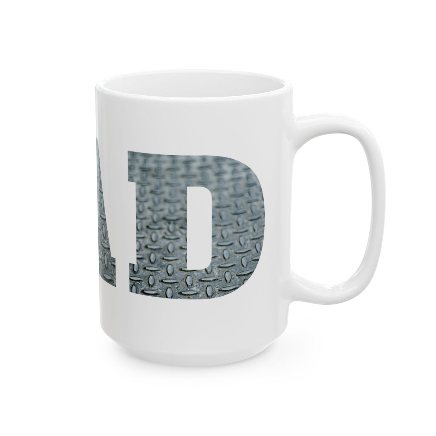 White mug with a silver Diamond plate design within 'DAD' text on a white background side view. Brilliantmischief.shop