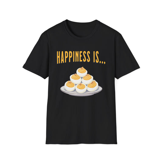 Black T-shirt with graphic of a plate of stacked deviled eggs with yellow text says Happiness Is... BrilliantMischief.com