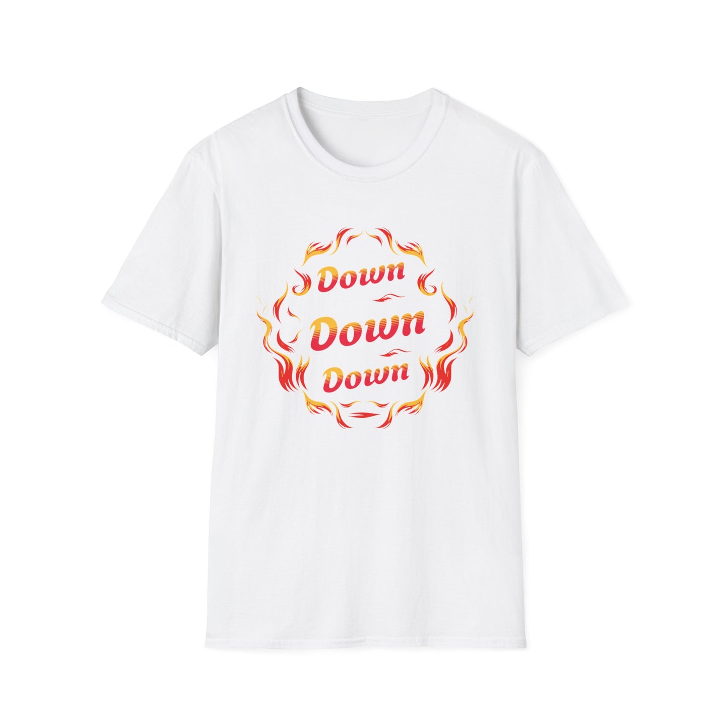 Down Flames Unisex Softstyle T-Shirt - Bold 'Down' Flame Design
