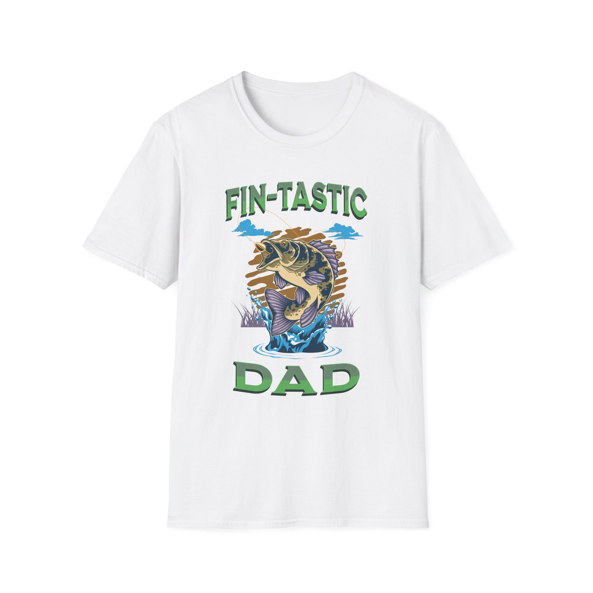 White T-shirt with a fish graphic with green text 'Fin-tastic DAD' BrilliantMischief.shop